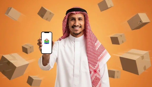 Saudi Man Holding Smartphone with E-commerce Delivery Boxes