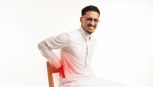 رجل سعودي بالثوب الأبيض يعاني من آلام أسفل الظهر