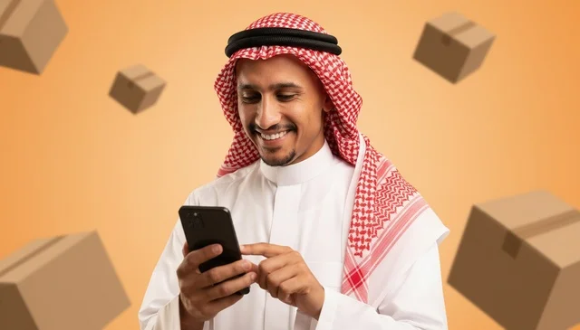 Saudi Man Using Smartphone with E-commerce Shipping Boxes