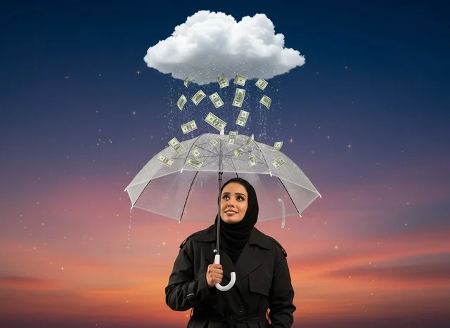 امرأة سعودية تحت سحابة من المال ومظلة شفافة