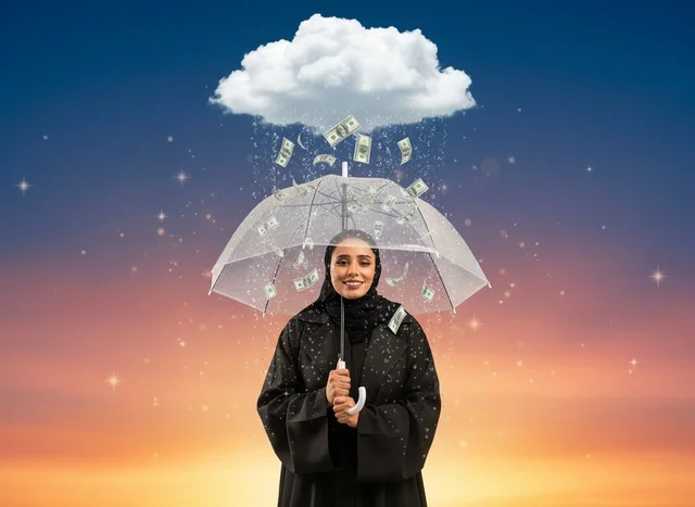 امرأة سعودية مع مظلة وأموال تتساقط من سحابة