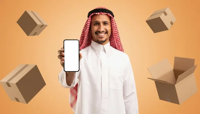 Saudi Man Holding Smartphone with Floating Delivery Boxes