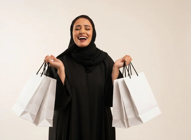 امرأة سعودية بالعباءة تحمل أكياس تسوق بيضاء