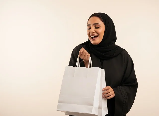 Arab Woman in Abaya Holding White Shopping Bags