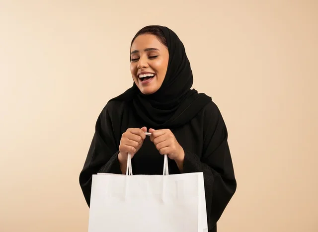 Laughing Arab Woman Holding White Shopping Bags Studio Shot