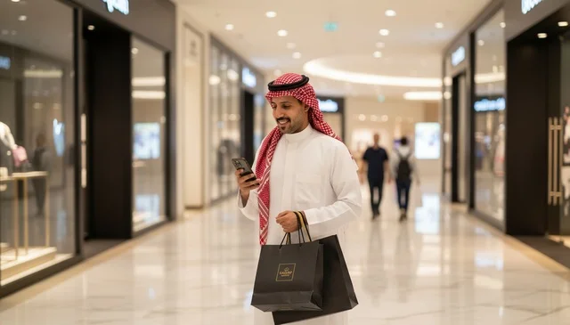 رجل سعودي يحمل حقائب تسوق ويستخدم الهاتف في المول