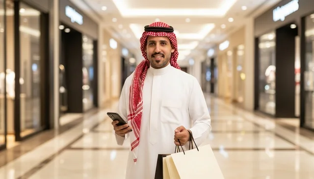 رجل سعودي يحمل أكياس تسوق في المول