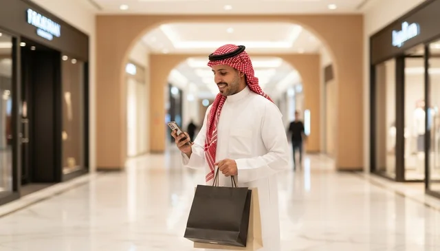 Saudi Man with Shopping Bags Using Smartphone in Mall