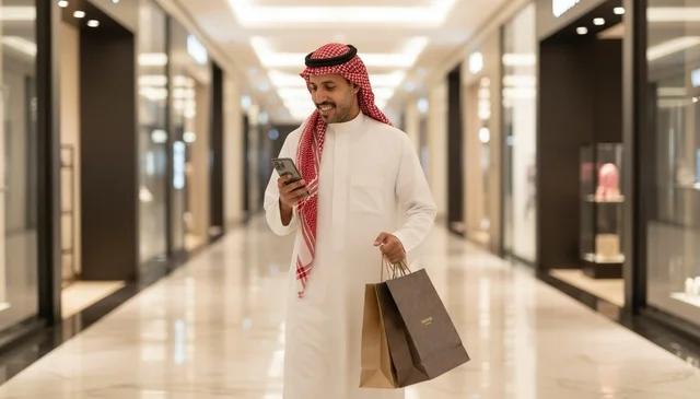 رجل سعودي مع حقائب تسوق في مول حديث