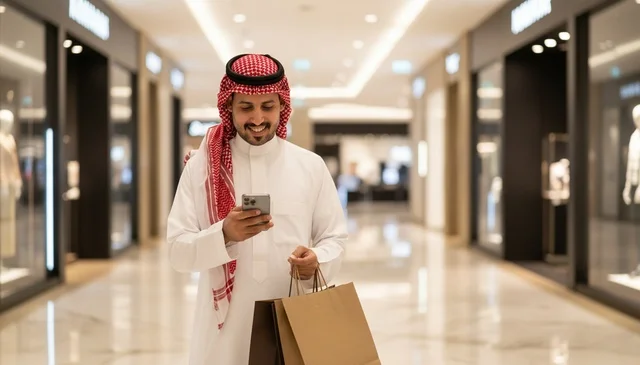 Saudi Man with Shopping Bags Using Smartphone in Mall