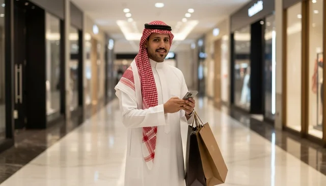 Saudi Man with Shopping Bags Using Smartphone in Mall