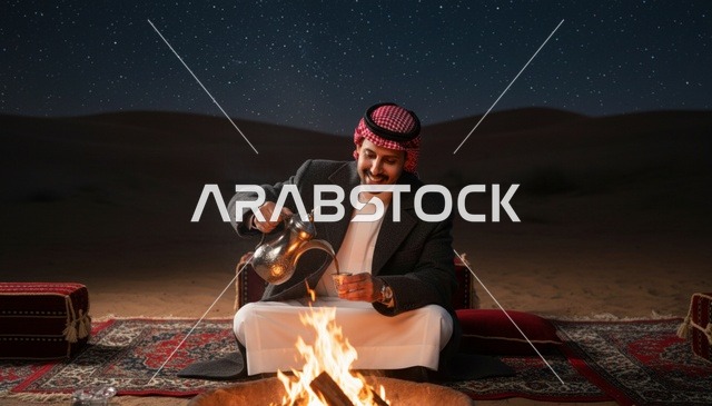 رجل سعودي يصب القهوة العربية بجانب النار ليلاً