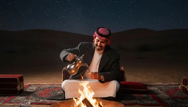 Saudi Man Pouring Arabic Coffee by Campfire at Night