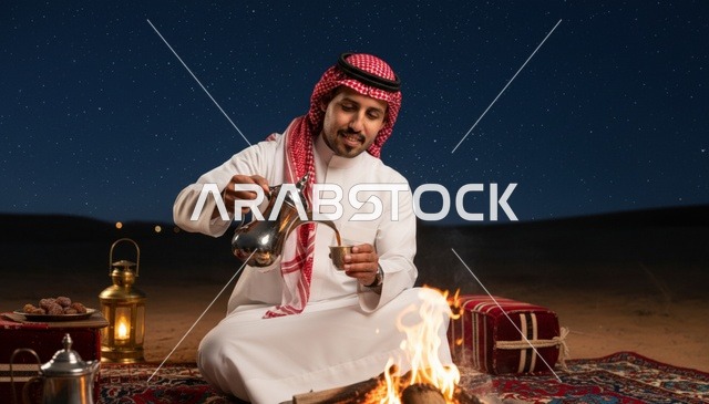 رجل سعودي يصب القهوة العربية بجانب نار المخيم
