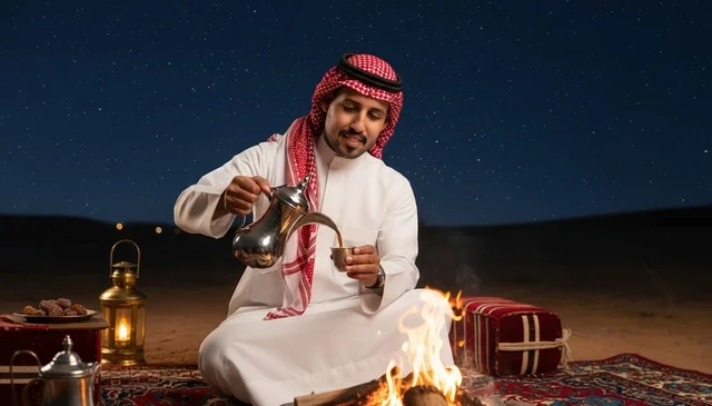 Saudi Man Pouring Arabic Coffee by Desert Campfire