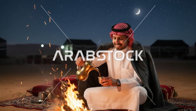 رجل سعودي يسكب القهوة العربية في مخيم صحراوي ليلاً
