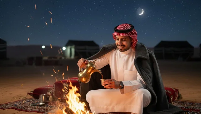 Saudi Man Pouring Arabic Coffee at Desert Camp Night