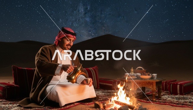 رجل سعودي يسكب القهوة العربية بجانب نار المخيم ليلاً