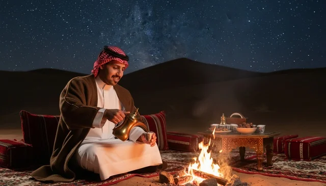 Saudi Man Pouring Arabic Coffee at Desert Campfire Night