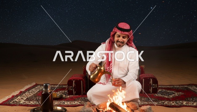 رجل سعودي يصب القهوة العربية في الصحراء ليلاً