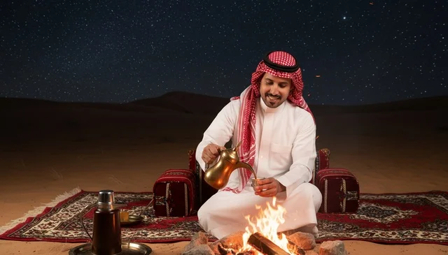 Saudi Man Pouring Arabic Coffee in Desert at Night