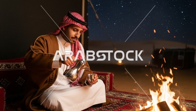 رجل سعودي يصب القهوة العربية في مخيم صحراوي ليلي