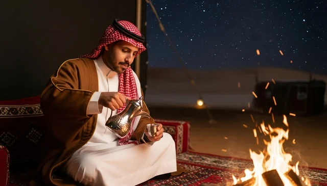 رجل سعودي يصب القهوة العربية في مخيم صحراوي ليلي
