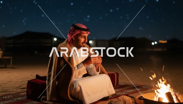 Saudi Man Drinking Coffee by Campfire at Night