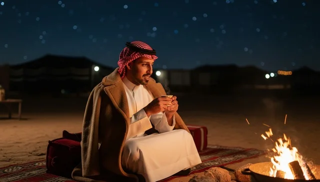 رجل سعودي يشرب القهوة بجانب شبة النار في الصحراء