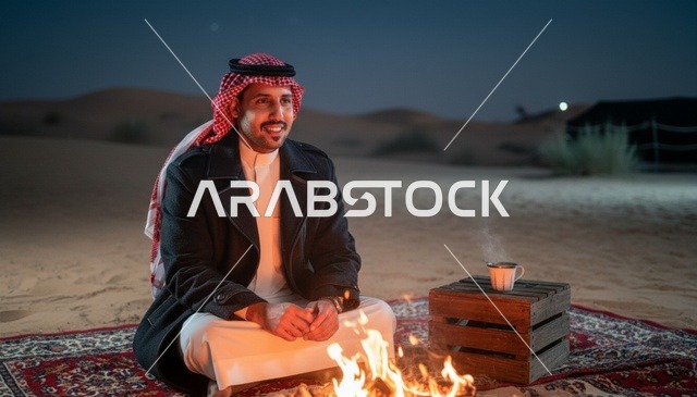 رجل سعودي يجلس بجانب مشب نار في الصحراء ليلاً