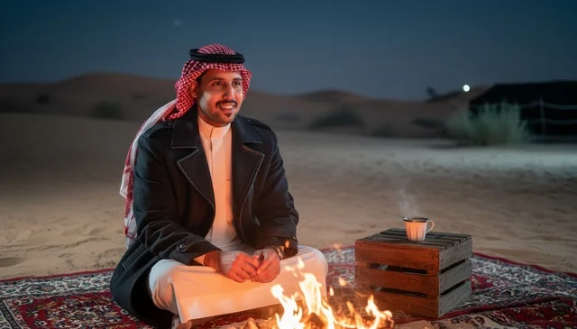 Saudi Man Sitting by Desert Campfire at Night