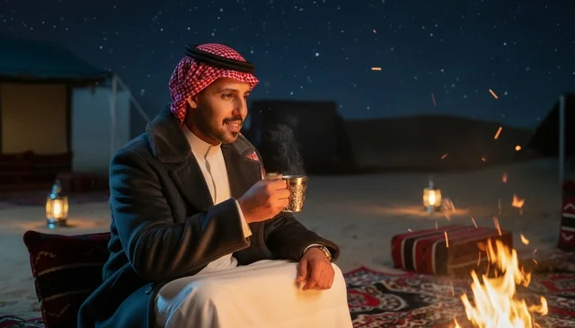 Saudi Man in Traditional Winter Clothing by Desert Campfire