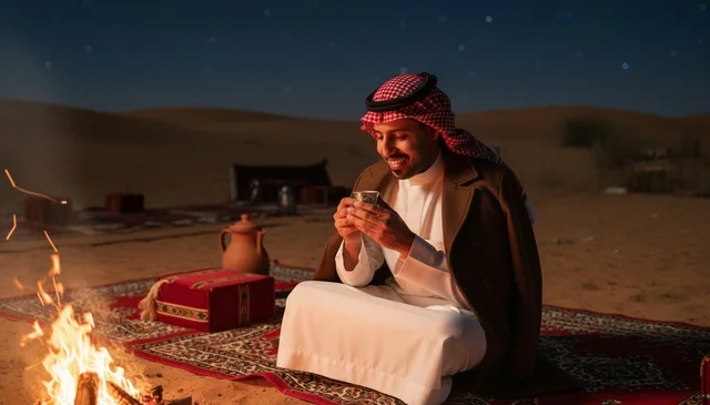 رجل سعودي بالفروة بجانب شبة نار في الصحراء ليلاً