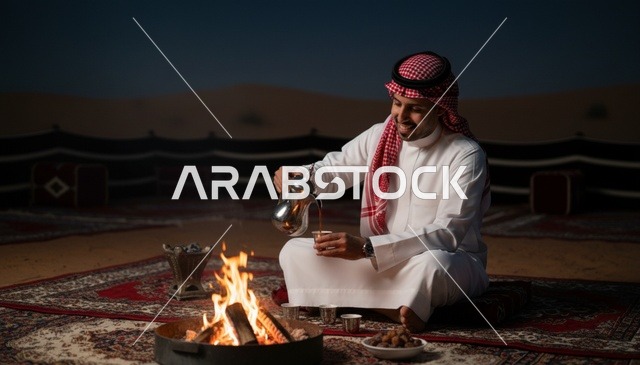 رجل سعودي يصب القهوة العربية بجانب نار المخيم