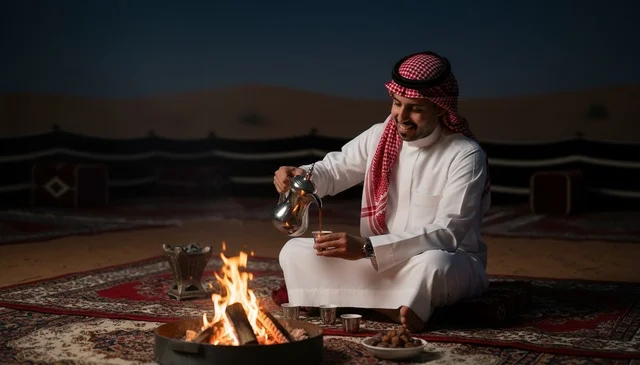 رجل سعودي يصب القهوة العربية بجانب نار المخيم