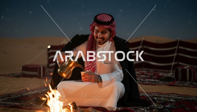 رجل سعودي يصب القهوة العربية بجانب نار المخيم