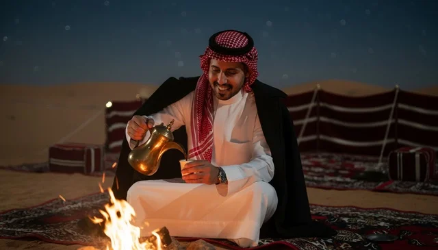 رجل سعودي يصب القهوة العربية بجانب نار المخيم