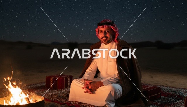 رجل سعودي في الصحراء بجانب شبة النار ليلاً