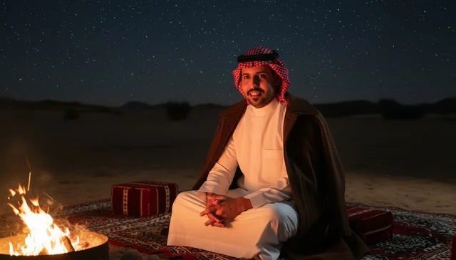 Saudi Man in Desert at Night with Campfire