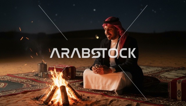 رجل سعودي بجانب نار المخيم في الصحراء ليلاً