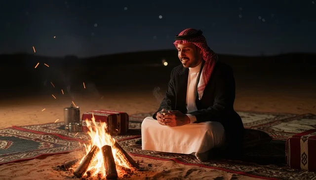 رجل سعودي بجانب نار المخيم في الصحراء ليلاً