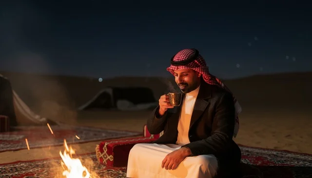 رجل سعودي بجانب شبة نار في الصحراء ليلاً