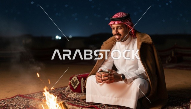 رجل سعودي بالفروة بجانب شبة النار في الصحراء ليلاً
