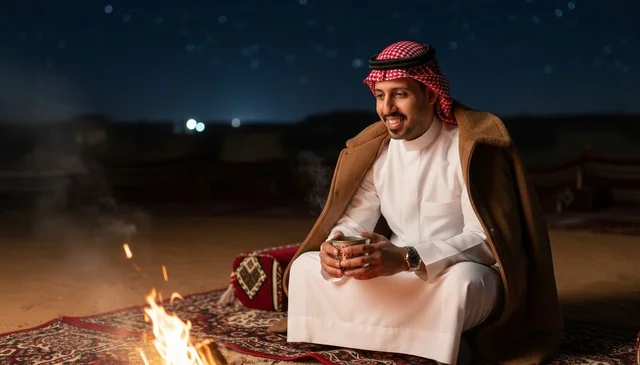 رجل سعودي بالفروة بجانب شبة النار في الصحراء ليلاً