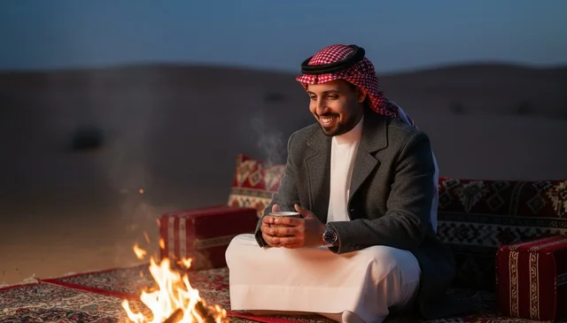 Saudi Man in Traditional Winter Attire by Desert Campfire