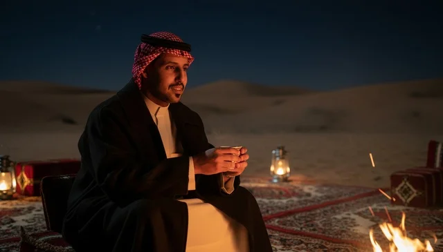رجل سعودي بالزي التقليدي يخيم في الصحراء خلال الليل