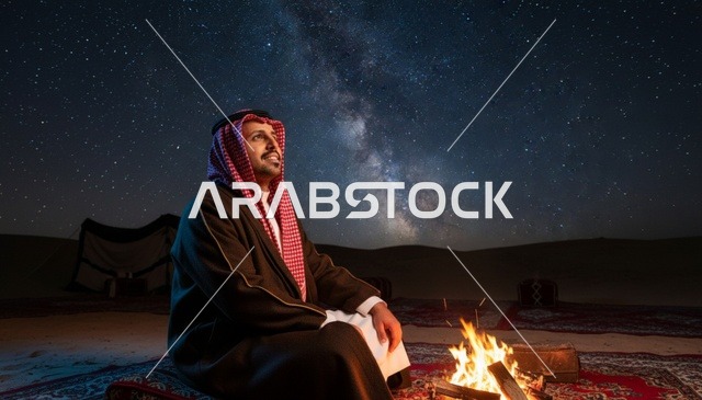 رجل سعودي بجانب نار المخيم في الصحراء ليلاً