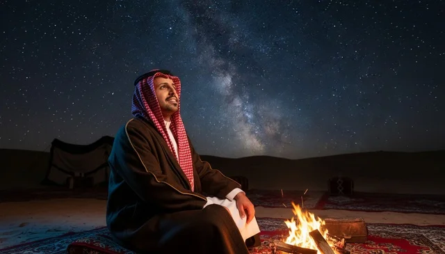 Saudi Man at Desert Campfire Under Milky Way