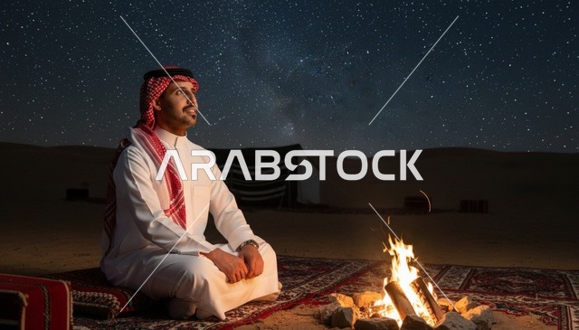 رجل سعودي بجانب شبة نار تحت نجوم الصحراء