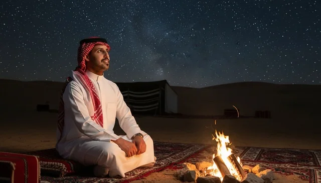 Saudi Man by Campfire under Starry Desert Night Sky